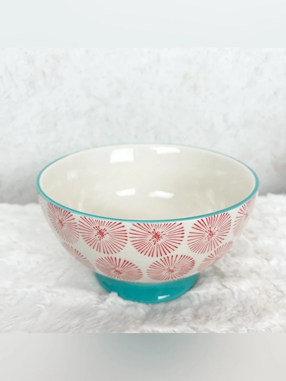 Pioneer Woman Happiness Footed Bowl Red Starburst Aqua Trim Whimsy Farmhouse